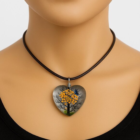 Heart-Shaped Pendant Necklace Orange Floral Tree 18" Black Cord Fashion Jewelry - Picture 1 of 7
